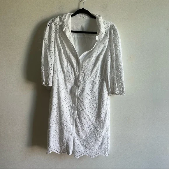 White Œillets Sz M Cottagecore Puff Sleeves Button Front Mini Dress - Picture 2 of 11